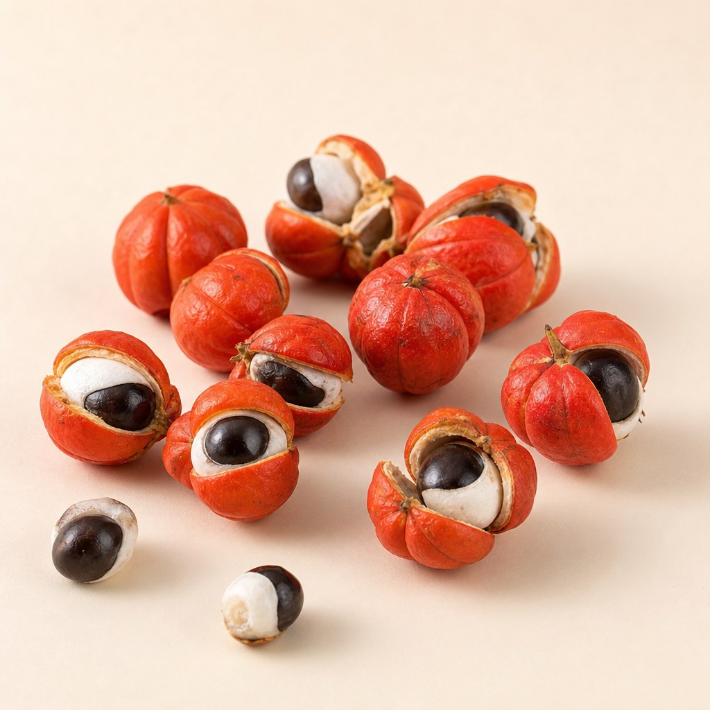 Frutos y semillas de guaraná sobre fondo claro.