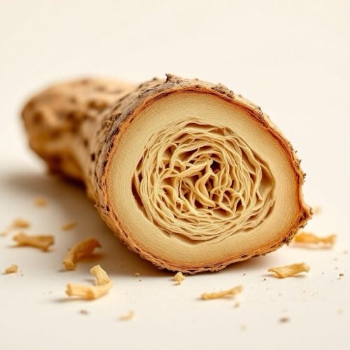 Dried licorice root with cross-section showing fibrous texture