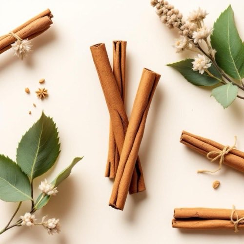 Cinnamon bark sticks on neutral background