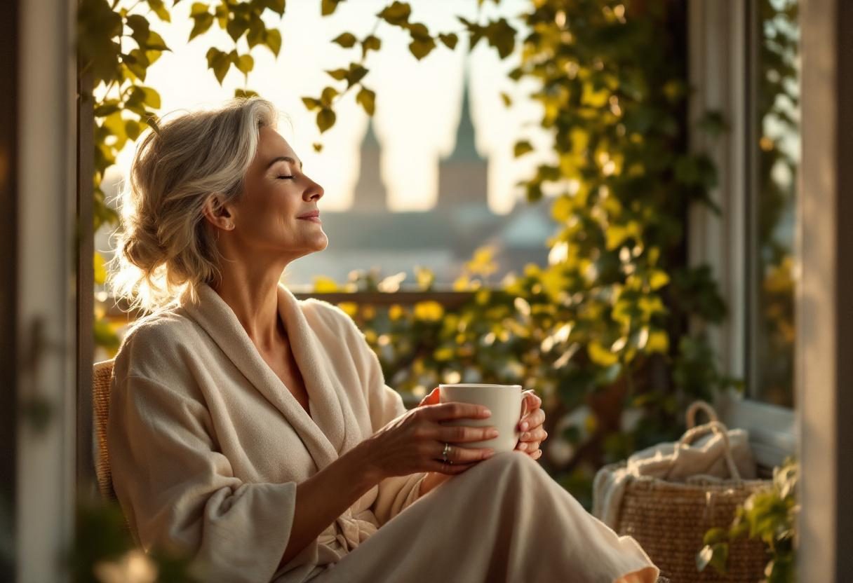 Woman practicing morning wellness routine in natural light